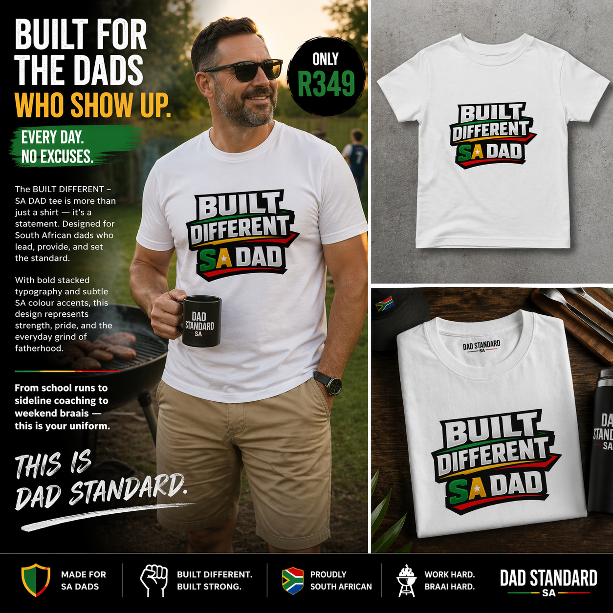 Man wearing a 'Built Different SA Dad' t-shirt with promotional text and graphics.