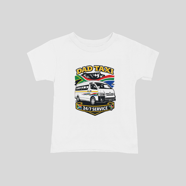 White t-shirt with a 'Dad Taxi' graphic design featuring a van and South African flag on a gray background.