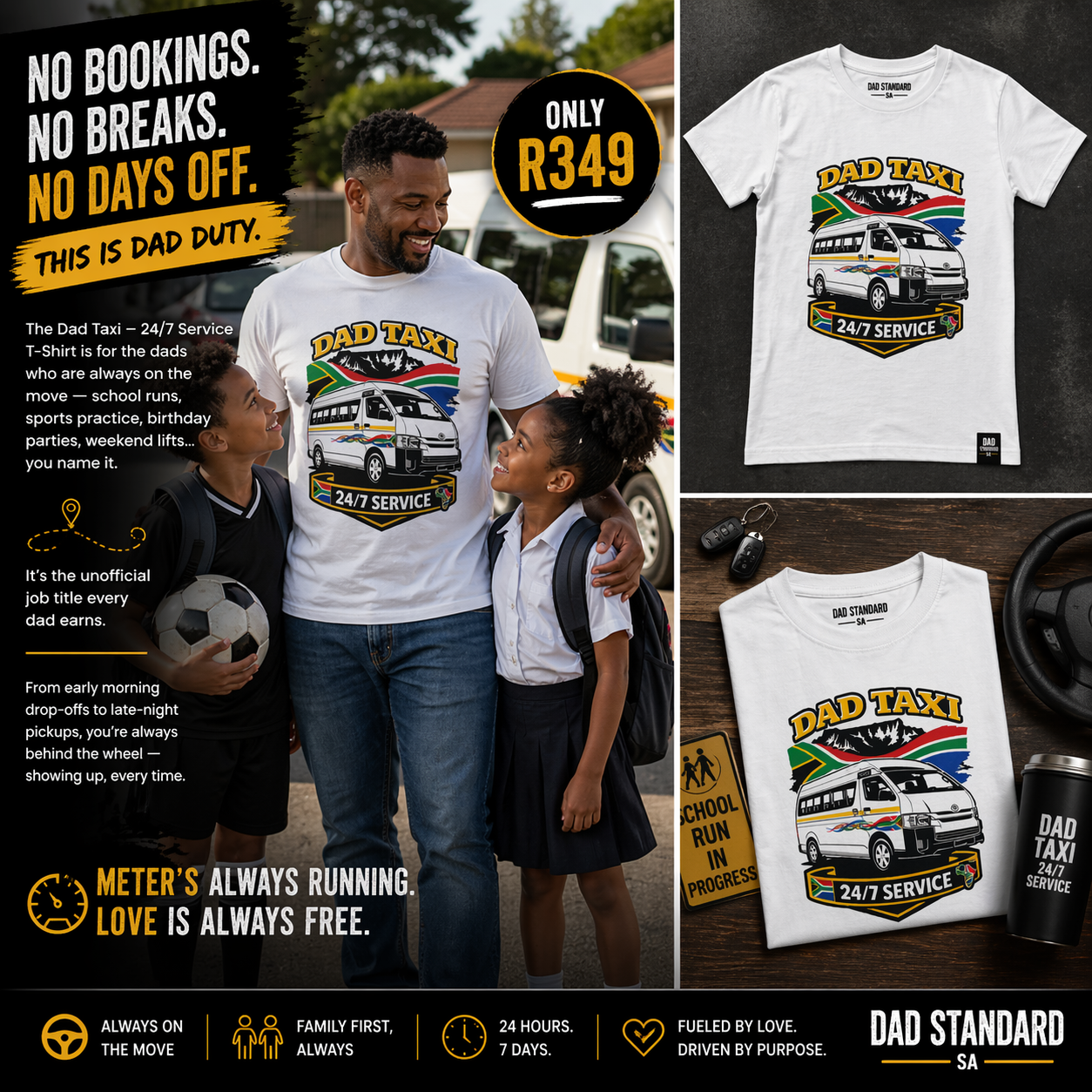 T-shirt with 'Dad Taxi' design featuring a family and promotional text.