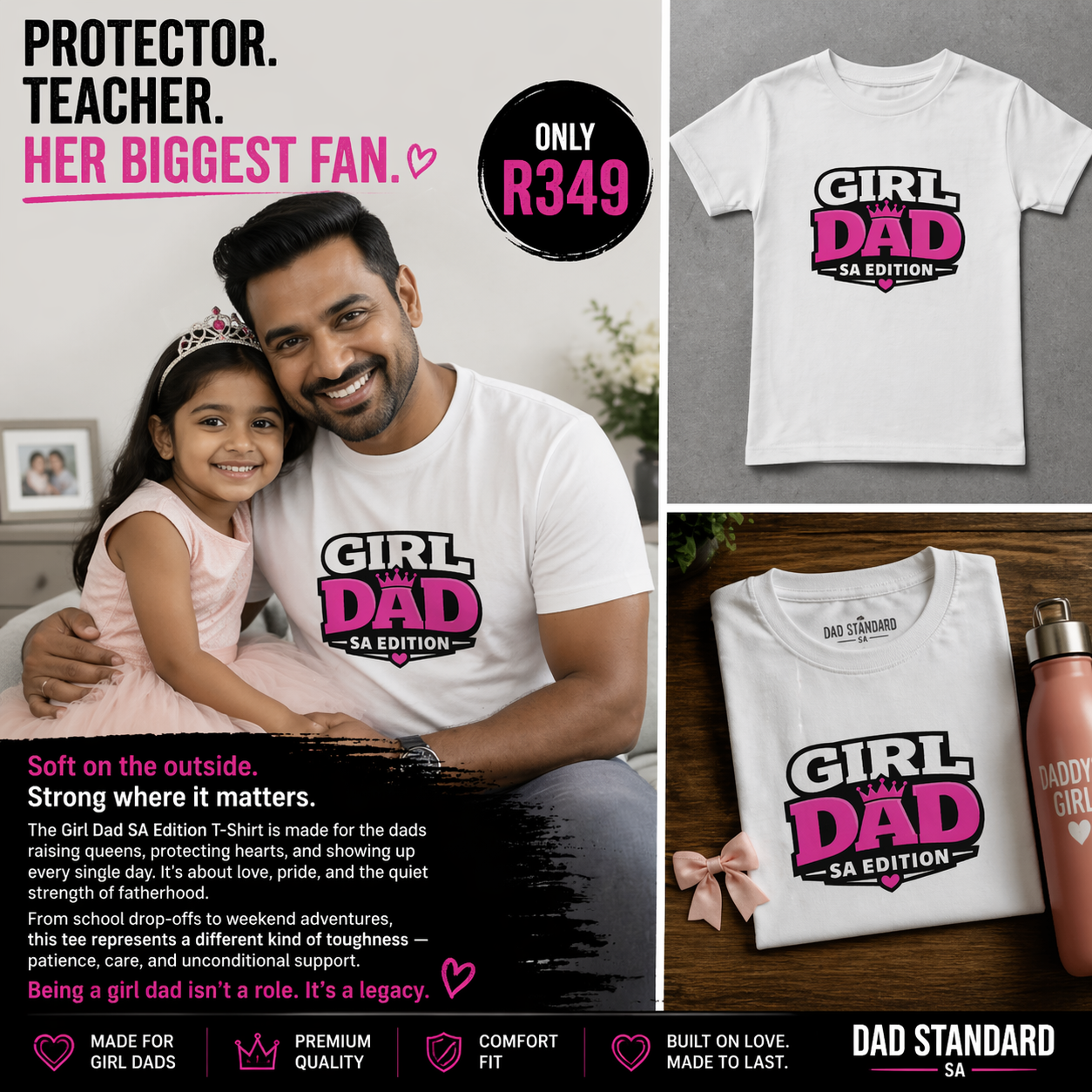 Collage of a man and child wearing 'Girl Dad' t-shirts with product details and branding.