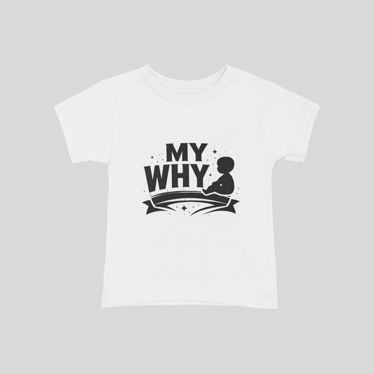 White t-shirt with 'MY WHY' text and graphic on a gray background
