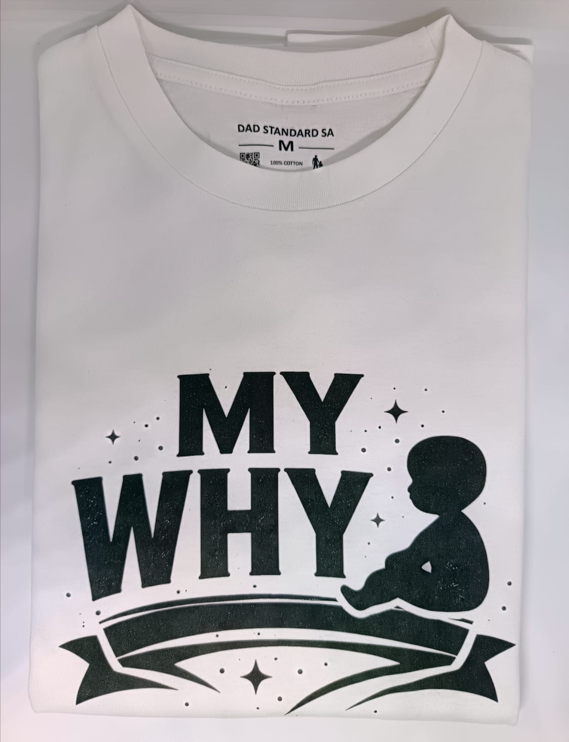 White t-shirt with black text and silhouette design on a white background