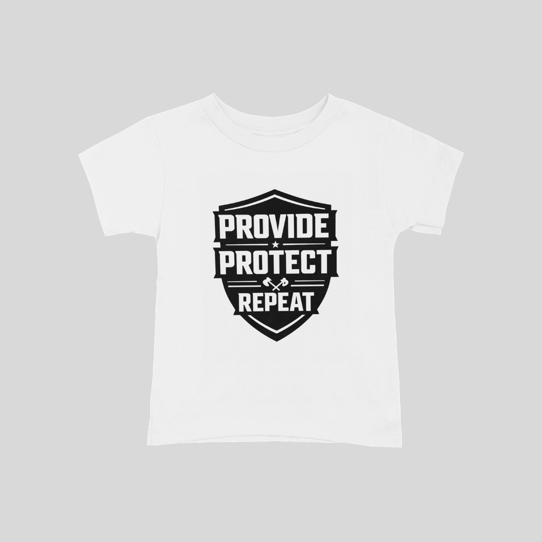 South African dad wearing Provide Protect Repeat t-shirt in a strong, confident setting