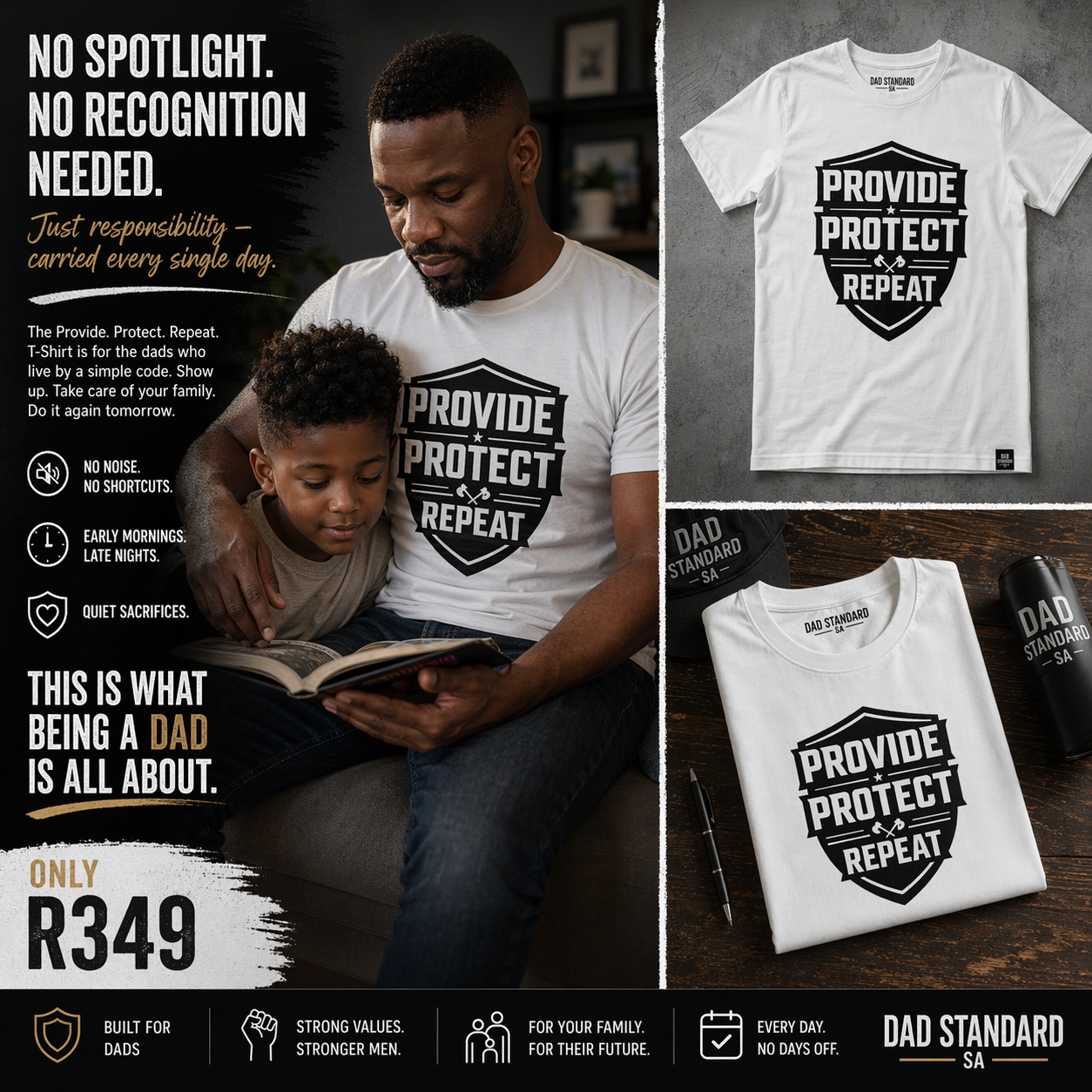 Father and son reading together with a t-shirt displaying 'Provide Protect Repeat' text.