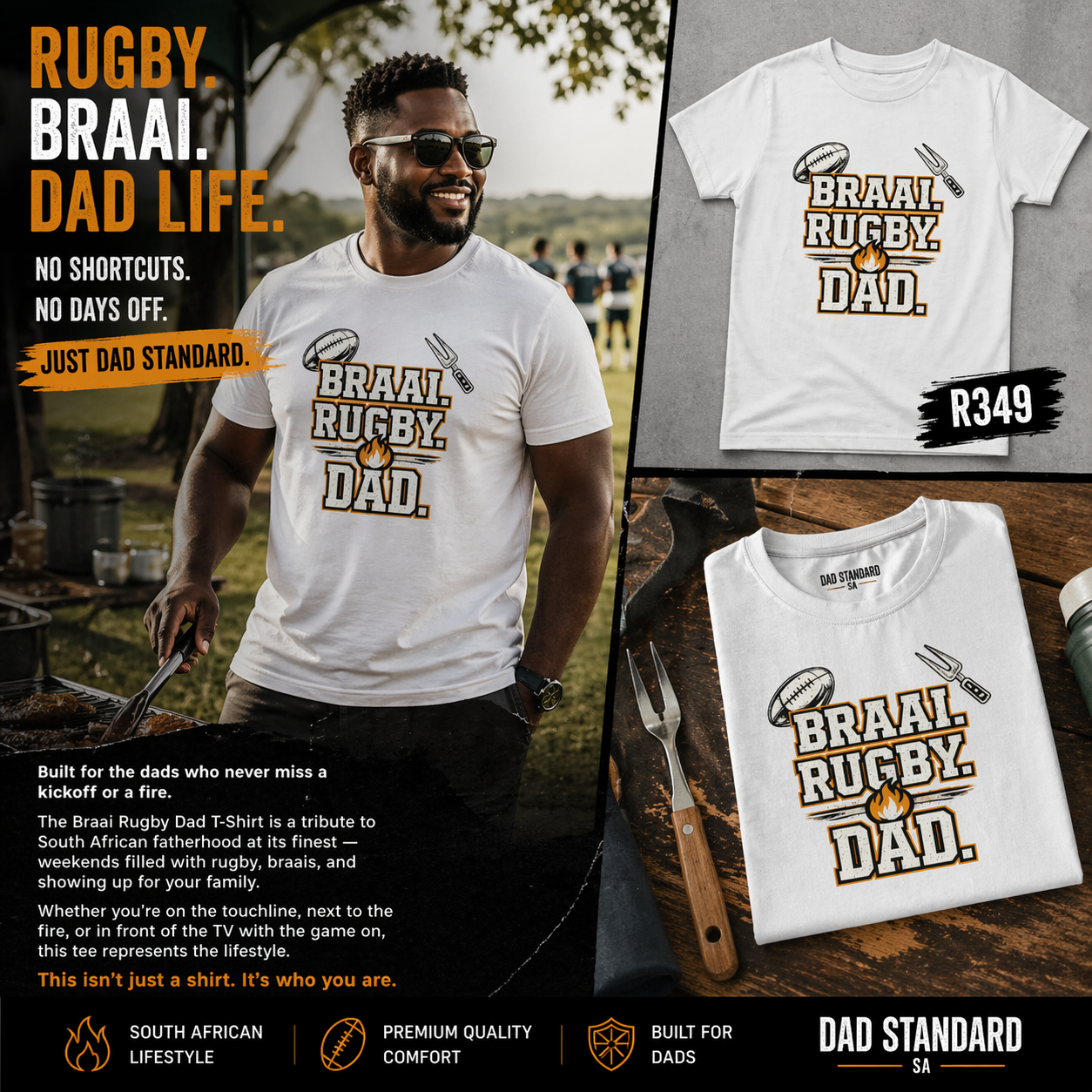 Man wearing a 'Braai Rugby Dad' t-shirt with product details and branding.