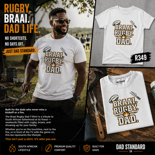 Man wearing a 'Braai Rugby Dad' t-shirt with product details and branding.